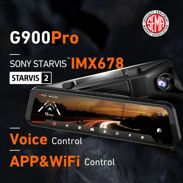 G900Pro Wolfbox 4K Sony Starvis2 12" Rear View Mirror Dash Cam Touch Screen Smart Mirror 5.8GHz WiFi 128GB SD Card with Voice Control