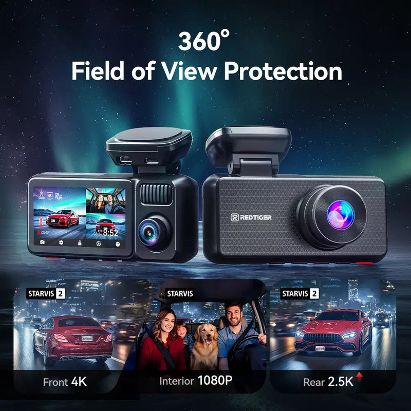 F17 Elite Redtiger 4K 3-Channel Dash Camera Ultra-Color Sony STARVIS 2 Dual HDR WiFi 6 Voice Control Touch Screen 128GB Card Included
