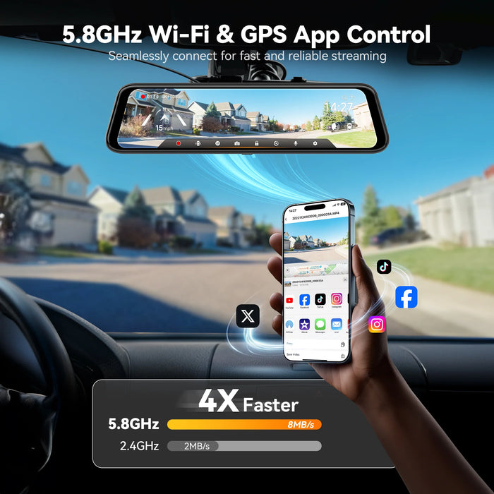 G850Pro Wolfbox 4K 12" Rear View Mirror Dash Cam Touch Screen ADAS Smart Mirror 5.8GHz WiFi 64GB SD Card with Voice Control