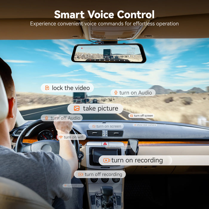 G850Pro Wolfbox 4K 12" Rear View Mirror Dash Cam Touch Screen ADAS Smart Mirror 5.8GHz WiFi 64GB SD Card with Voice Control