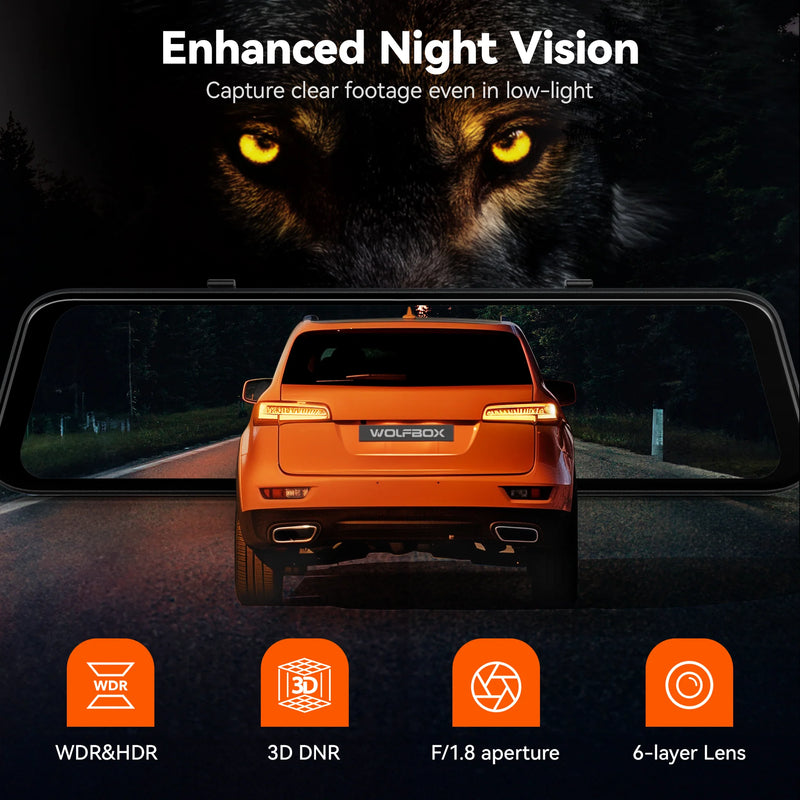 G850Pro Wolfbox 4K 12" Rear View Mirror Dash Cam Touch Screen ADAS Smart Mirror 5.8GHz WiFi 64GB SD Card with Voice Control