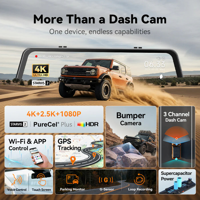 G900TriPro Bumper Wolfbox 4K Sony Starvis2 12" Rear View Mirror Dash Cam Touch Screen Smart Mirror 5.8GHz WiFi 256GB SD Card with Voice Control