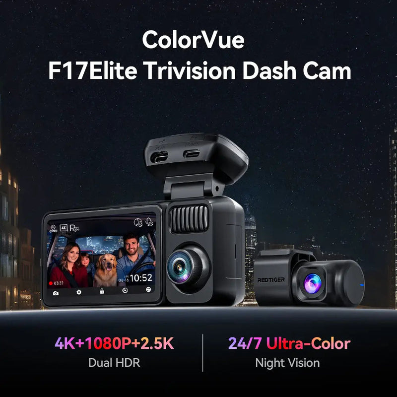 F17 Elite Redtiger 4K 3-Channel Dash Camera Ultra-Color Sony STARVIS 2 Dual HDR WiFi 6 Voice Control Touch Screen 128GB Card Included