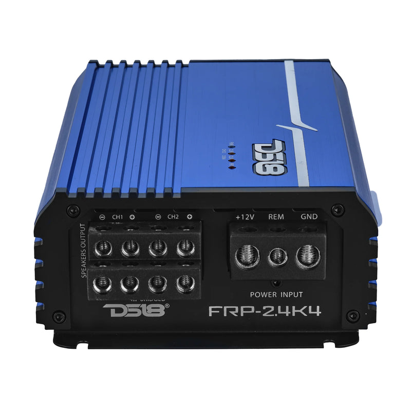 DS18 FRP-2.4K4/BL amplifier power and speaker connections