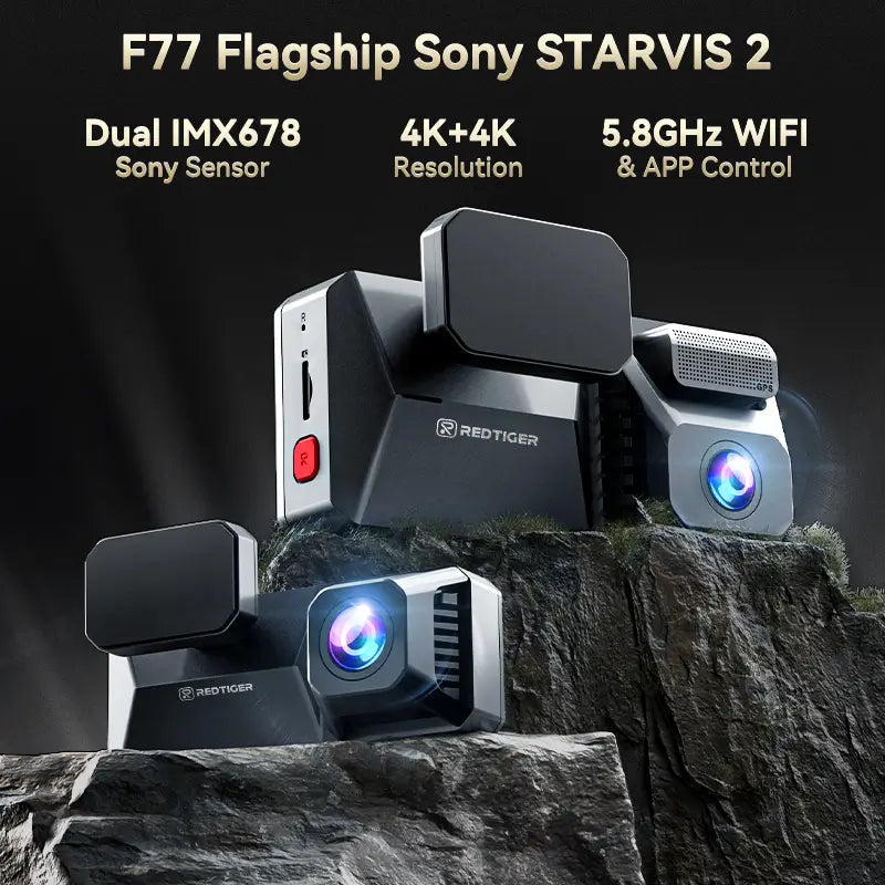 F77 Redtiger Touchscreen 4K Front + 4K Rear Sony Starvis2 Dual Dash Cam Kit App & 5.8GHz WiFi Voice Control DVR and Parking Monitoring Camera, 128 GB eMMC Storage