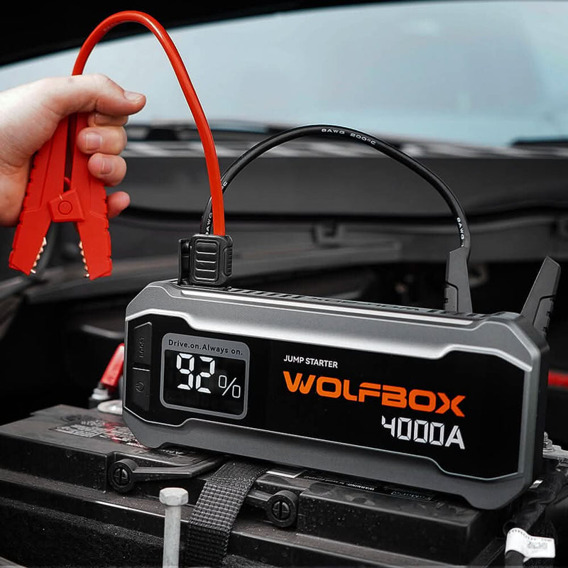 MegaVolt24 Wolfbox Cordless Portable 12 Volt Car Battery Jumper 4000A LED Display LED Flashlight 65W Fast Charger Jump Box Pack