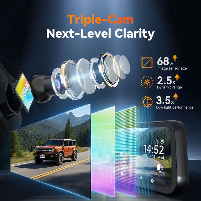 G900TriPro Bumper Wolfbox 4K Sony Starvis2 12" Rear View Mirror Dash Cam Touch Screen Smart Mirror 5.8GHz WiFi 256GB SD Card with Voice Control