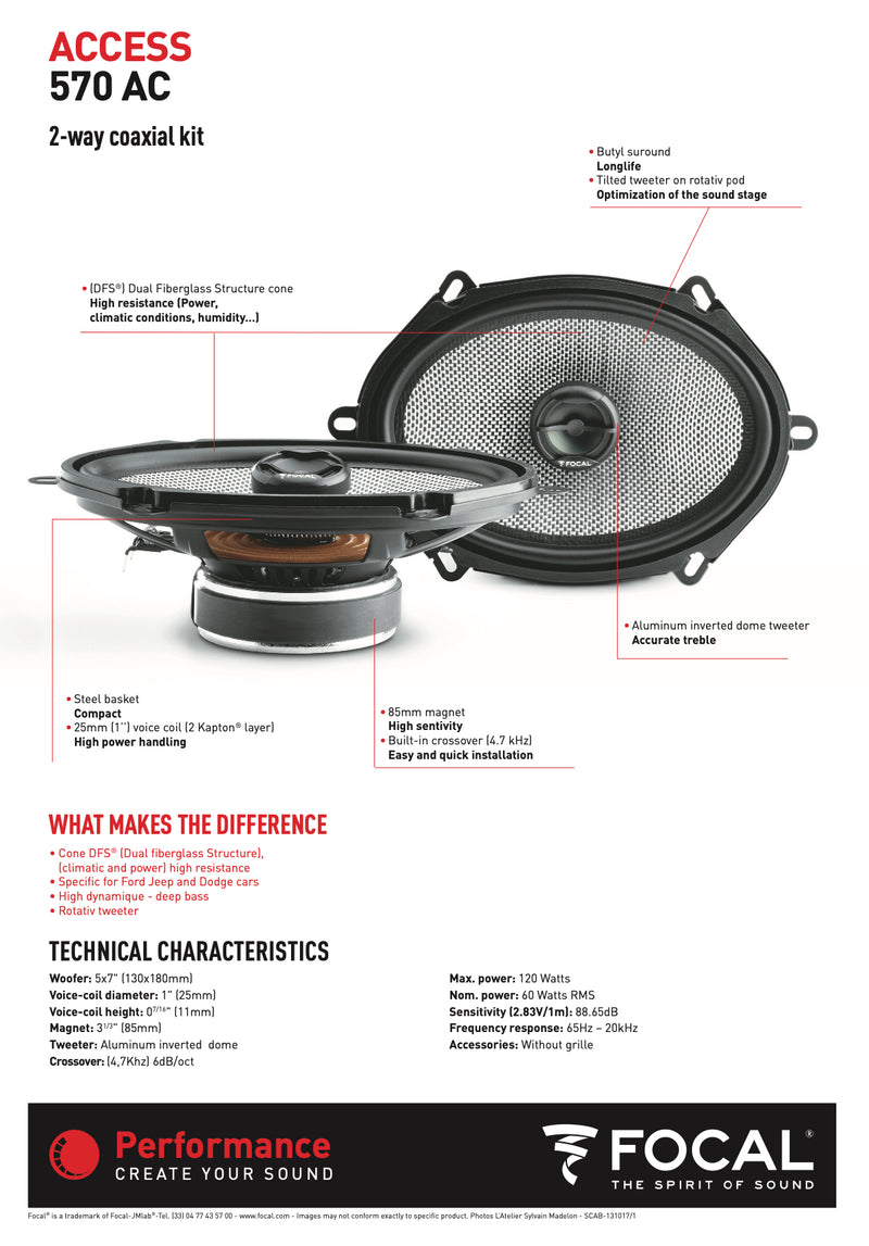 570 AC Focal Access 5x7" inch Coaxial 2 Way Speakers 60W RMS 4 Ohm Performance Car Audio (Pair)