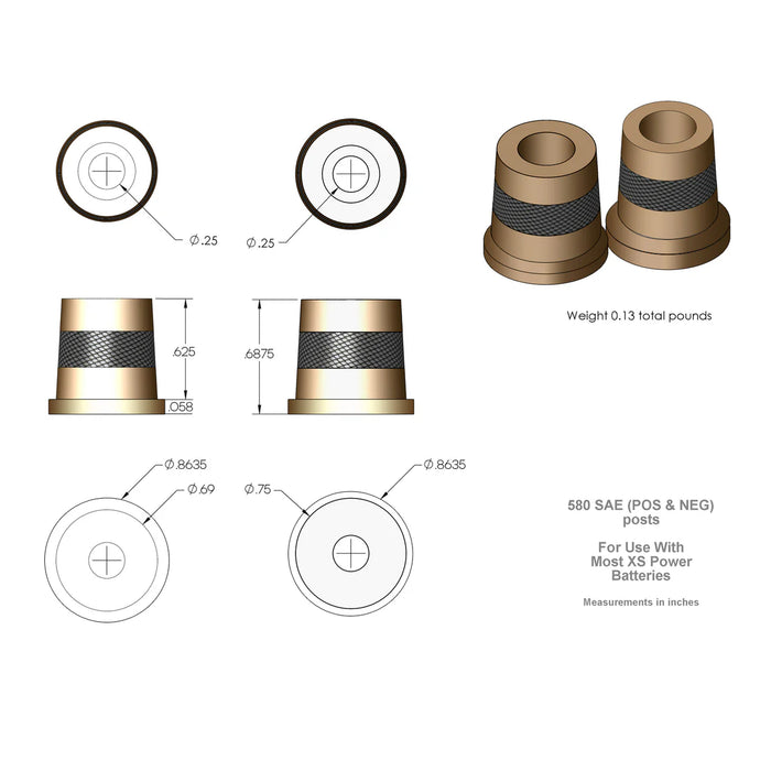 580 XS Power Battery Short Brass Terminal Post Adapters M6 Thread