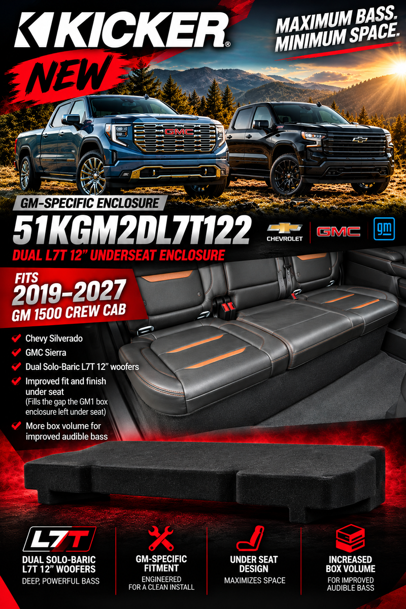 51KGM2DL7T122 KICKER Dual 12" L7T Subwoofer Enclosure for 2019–2027 Chevy Silverado & GMC Sierra Crew Cab 1200W RMS 2 Ohm