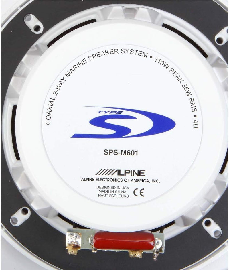 SPS-M601 Alpine  6.5" 6 1/2 Inch Coaxial 2-Way Marine Waterproof Speakers 35W RMS 4 Ohm (Pair)(Silver Grilles)