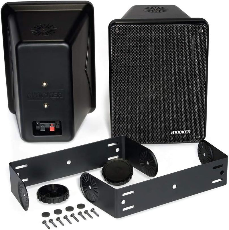 46KB6B KICKER 2-Way Full Range Indoor Outdoor Weatherproof Speakers for Patio Garage Poolside In-Home, 6.5 inch woofer, 2x5 inch Horn Tweeter Black 8 Ohm (Pair)