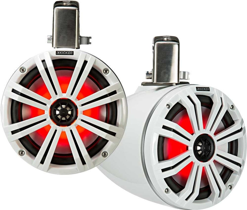 45KMTC8W KICKER KM Series 8" White Marine LED Lighted Coaxial Speakers + Wakeboard Tower Tube Clamp Mount Pods 4 Ohm (Pair)