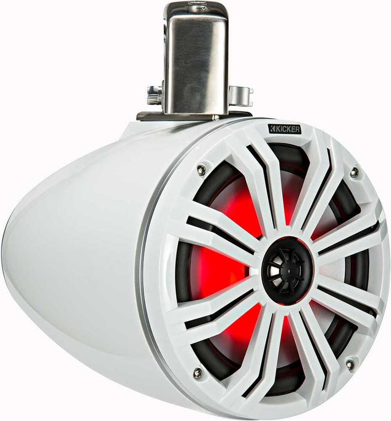 45KMTC8W KICKER KM Series 8" White Marine LED Lighted Coaxial Speakers + Wakeboard Tower Tube Clamp Mount Pods 4 Ohm (Pair)