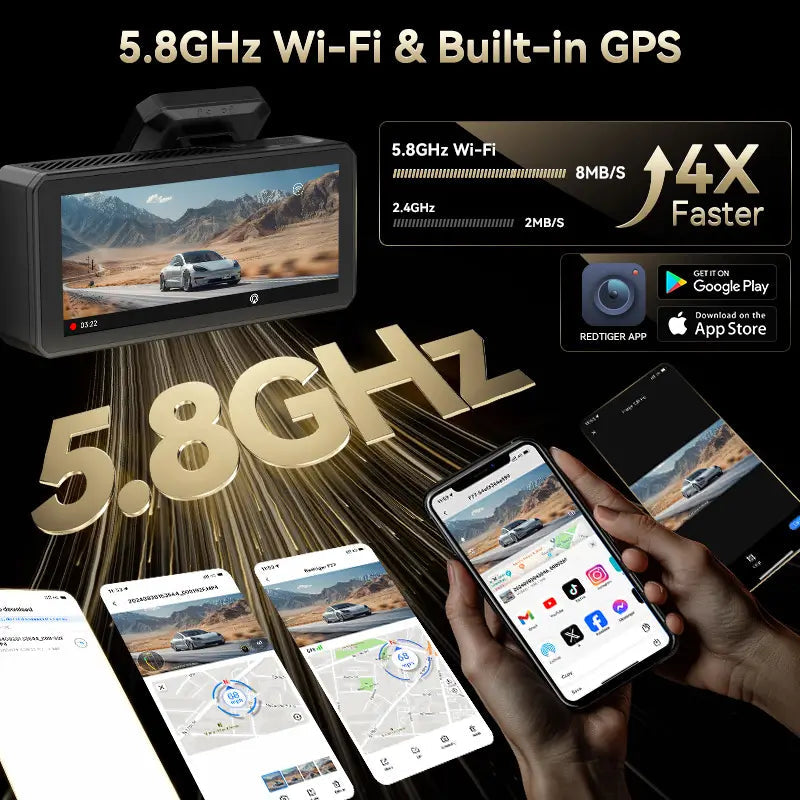 F77 Redtiger Touchscreen 4K Front + 4K Rear Sony Starvis2 Dual Dash Cam Kit App & 5.8GHz WiFi Voice Control DVR and Parking Monitoring Camera, 128 GB eMMC Storage