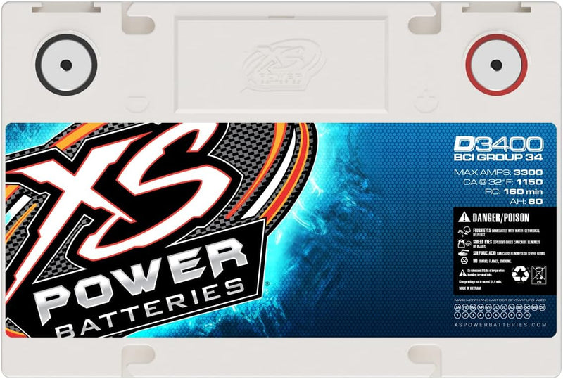D3400 XS Power Battery 12V AGM D Series BCI Group 34 - 2500W / 4000W 80Ah 1150CA