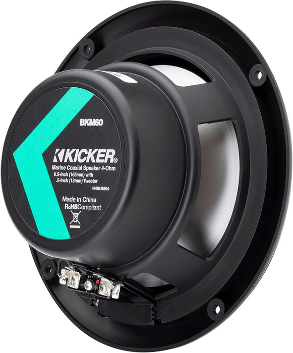 KICKER KM 6.5" Marine Speakers Pair Black Waterproof 2-Way Boat Coaxial Audio 4 Ohm 50W RMS | 49BKM604 (2 Pack)