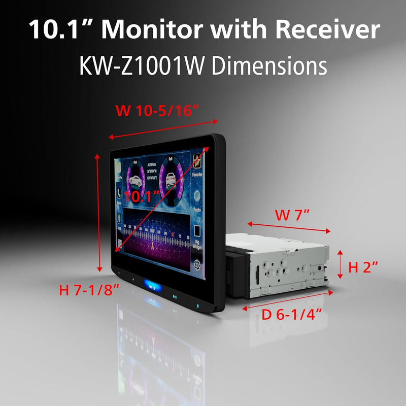 KW-Z1001W JVC 10.1" Floating Touchscreen HD Display Hi-Res Audio Digital Multimedia Receiver Single-Din Head Unit with Wireless CarPlay and Wireless Android Auto, HDMI, AM/FM, Bluetooth, USB-C, iDatalink Maestro, SiriusXM Ready, Car Radio