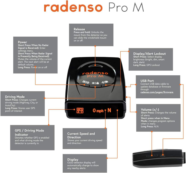 RPM Radenso Pro M Radar Detector with Less False Alerts, Small Size, USA Technical Support, GPS Lockouts