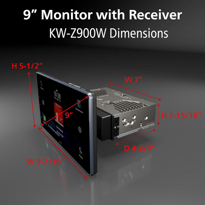 KW-Z900W JVC 9" Floating Touchscreen HD Display Digital Multimedia Receiver Single-Din Head Unit with Wireless CarPlay and Wireless Android Auto, HDMI, AM/FM, Bluetooth, USB, iDatalink Maestro, SiriusXM Ready, Car Radio