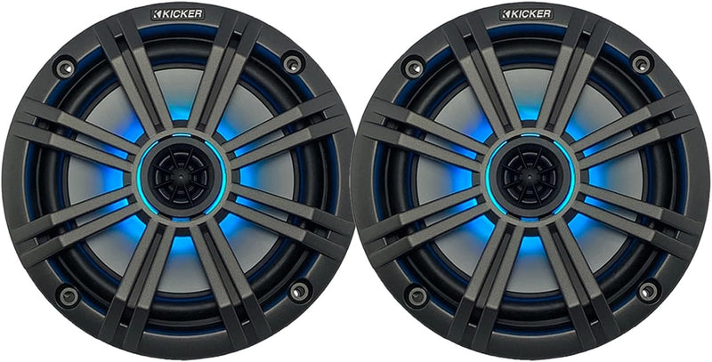 KICKER KM 6.5" Marine Waterproof RGB LED Coaxial Boat Speakers Pair 65W RMS 4 Ohm with Charcoal Grilles | 45BKM614L (2 Pack)