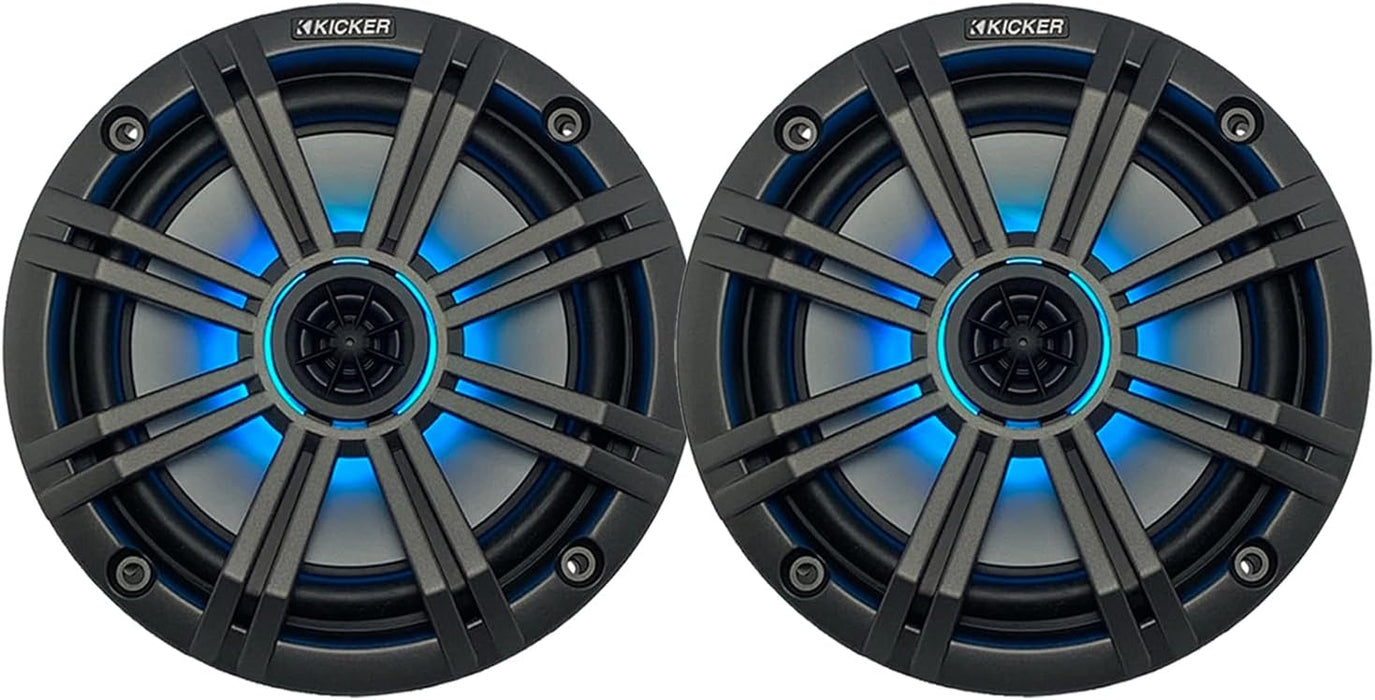 KICKER KM 6.5" Marine Waterproof RGB LED Coaxial Boat Speakers Pair 65W RMS 4 Ohm with Charcoal Grilles | 45BKM614L (2 Pack)
