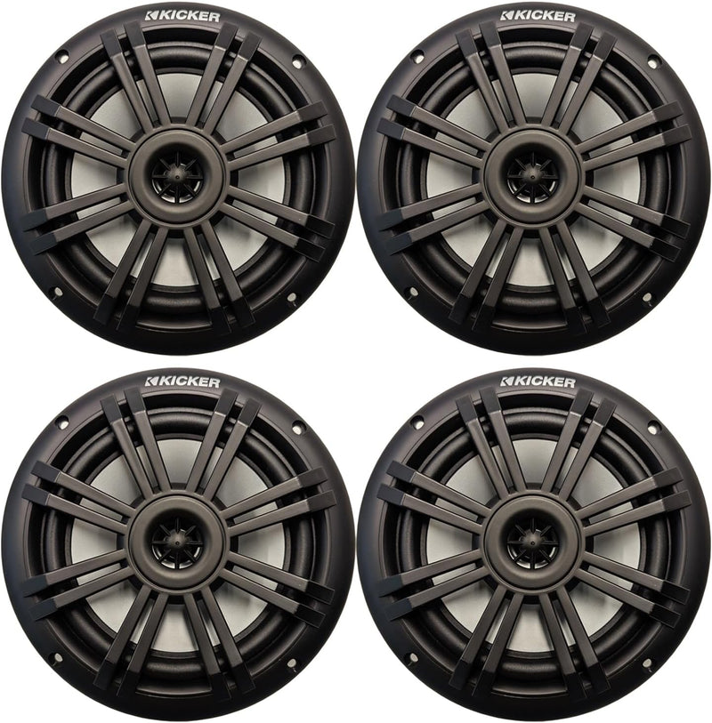 KICKER KM 6.5" Marine Speakers 4 Pack Black Waterproof 2-Way Boat Coaxial Audio 4 Ohm 50W RMS | 49BKM604 (4 Speakers Total)
