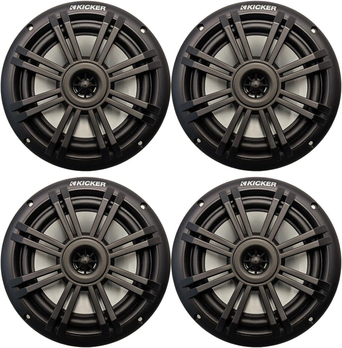 KICKER KM 6.5" Marine Speakers 4 Pack Black Waterproof 2-Way Boat Coaxial Audio 4 Ohm 50W RMS | 49BKM604 (4 Speakers Total)