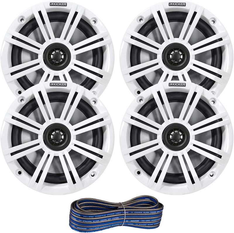 KICKER KM 6.5" Marine Boat Speakers 4-Pack – Waterproof 65W RMS Coaxial Speakers with White Grilles & 20ft Kicker OFC Speaker Wire