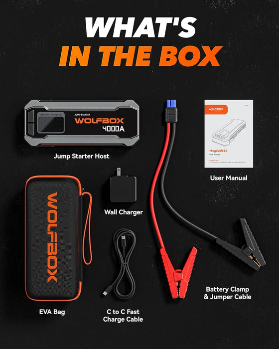 MegaVolt24 Wolfbox Cordless Portable 12 Volt Car Battery Jumper 4000A LED Display LED Flashlight 65W Fast Charger Jump Box Pack