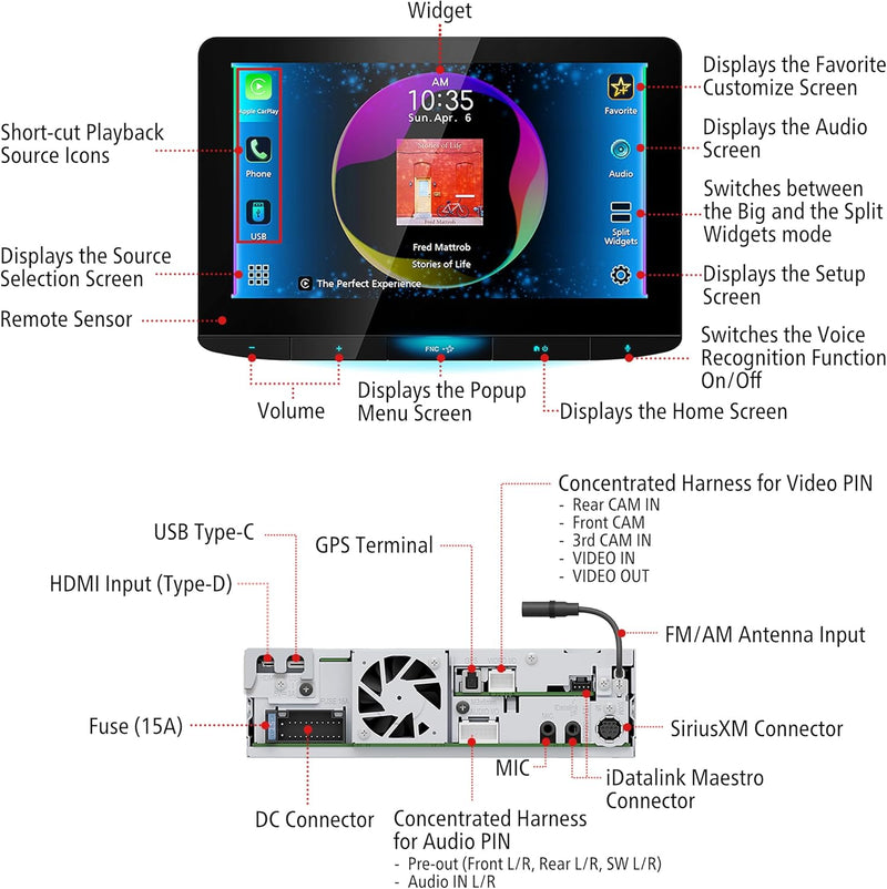 KW-Z1001W JVC 10.1" Floating Touchscreen HD Display Hi-Res Audio Digital Multimedia Receiver Single-Din Head Unit with Wireless CarPlay and Wireless Android Auto, HDMI, AM/FM, Bluetooth, USB-C, iDatalink Maestro, SiriusXM Ready, Car Radio