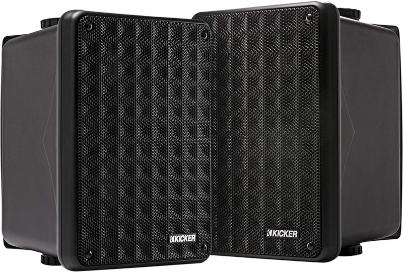 46KB6B KICKER 2-Way Full Range Indoor Outdoor Weatherproof Speakers for Patio Garage Poolside In-Home, 6.5 inch woofer, 2x5 inch Horn Tweeter Black 8 Ohm (Pair)