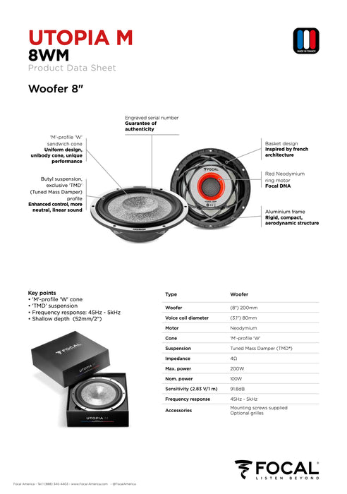 8 WM Focal Utopia M 8" Woofer 100W RMS Elite Car Audio 4 Ohm (Single Speaker)