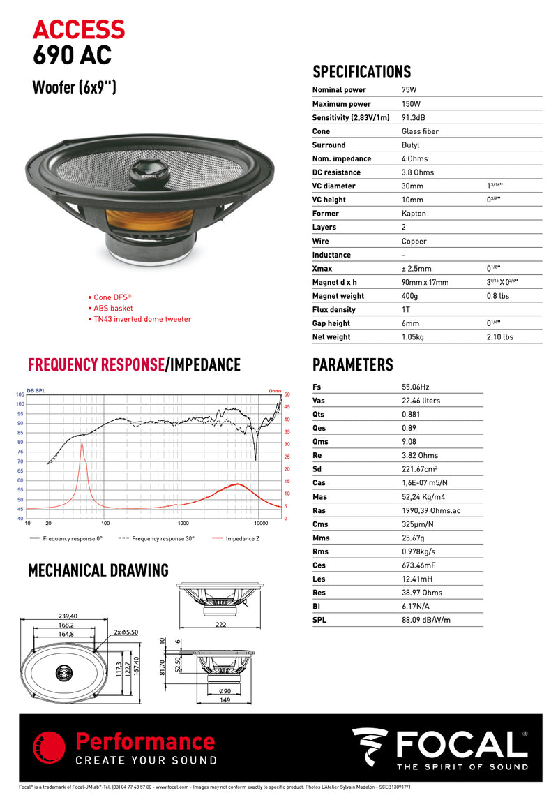 690 AC Focal Access 6x9" inch Coaxial 2 Way Speakers 75W RMS 4 Ohm Performance Car Audio (Pair)