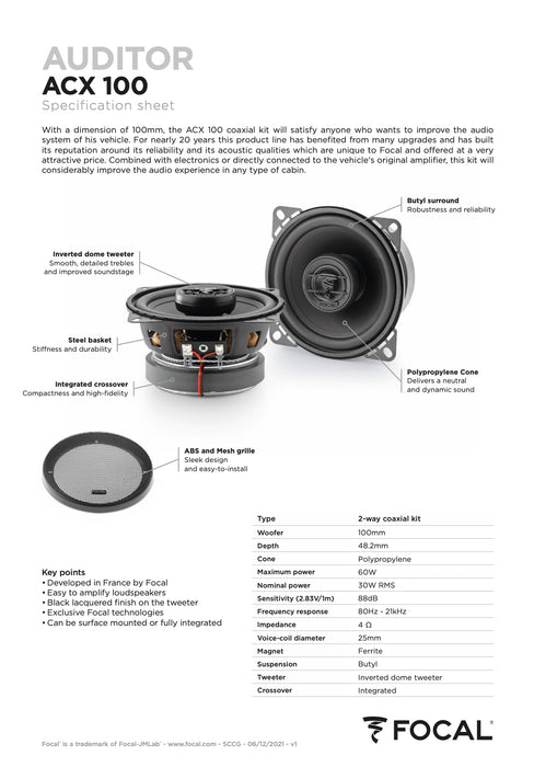 ACX 100 Focal Auditor 4" inch Coaxial 2 Way Speakers 30W RMS 4 Ohm Performance Car Audio (Pair)