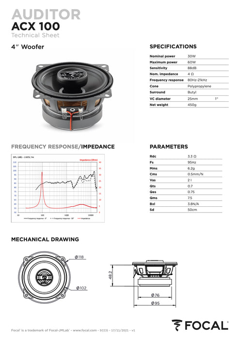 ACX 100 Focal Auditor 4" inch Coaxial 2 Way Speakers 30W RMS 4 Ohm Performance Car Audio (Pair)