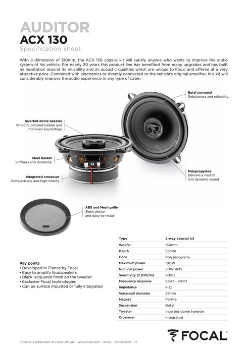 ACX 130 Focal Auditor 5.25" 5 1/4 inch Coaxial 2 Way Speakers 50W RMS 4 Ohm Performance Car Audio (Pair)