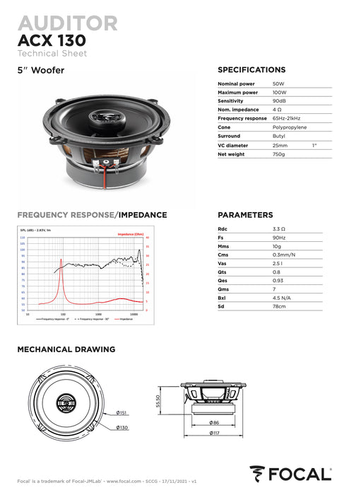 ACX 130 Focal Auditor 5.25" 5 1/4 inch Coaxial 2 Way Speakers 50W RMS 4 Ohm Performance Car Audio (Pair)