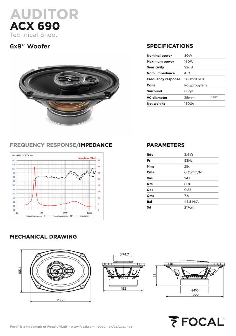 ACX 690 Focal Auditor 6x9" Coaxial 3 Way Speakers 80W RMS 4 Ohm Performance Car Audio