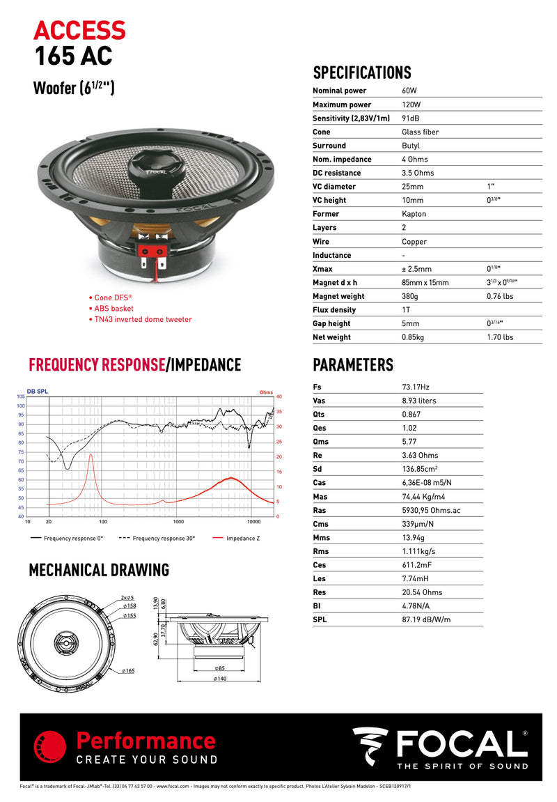 165 AC Focal Access 6.5" 6 1/2 inch Coaxial 2 Way Speakers 60W RMS 4 Ohm Performance Car Audio (Pair)