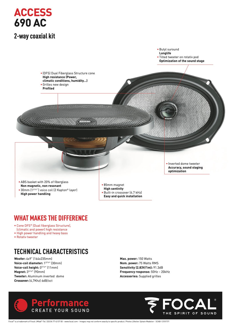 690 AC Focal Access 6x9" inch Coaxial 2 Way Speakers 75W RMS 4 Ohm Performance Car Audio (Pair)