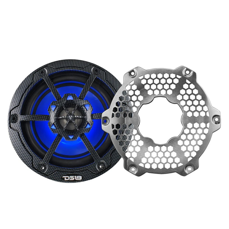 Waterproof marine speakers with carbon fiber finish and LED lighting
