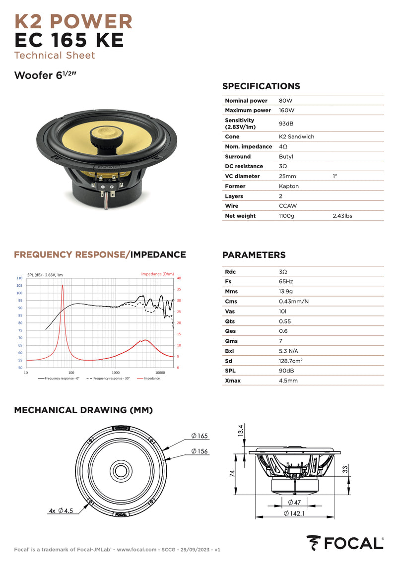EC 165 KE Focal K2 Power Evo 6.5" 6 1/2 inch Kevlar Coaxial 2 Way Speakers 80W RMS 4 Ohm Elite Car Audio (Pair)