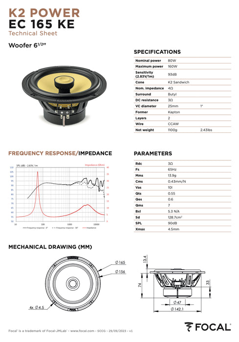 EC 165 KE Focal K2 Power Evo 6.5" 6 1/2 inch Kevlar Coaxial 2 Way Speakers 80W RMS 4 Ohm Elite Car Audio (Pair)