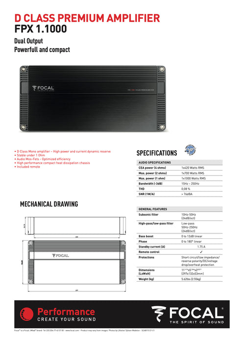 FPX 1.1000 Focal Performance Mono Subwoofer Amplifier 1000W RMS 1 Ohm Class D Car Audio Sub Amp