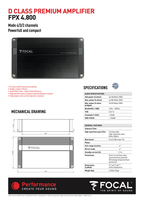 FPX 4.800 Focal 4 Channel Performance Car Audio Amplifier 4x120W 4 Ohm, 4x185W 2 Ohm Class D Amp