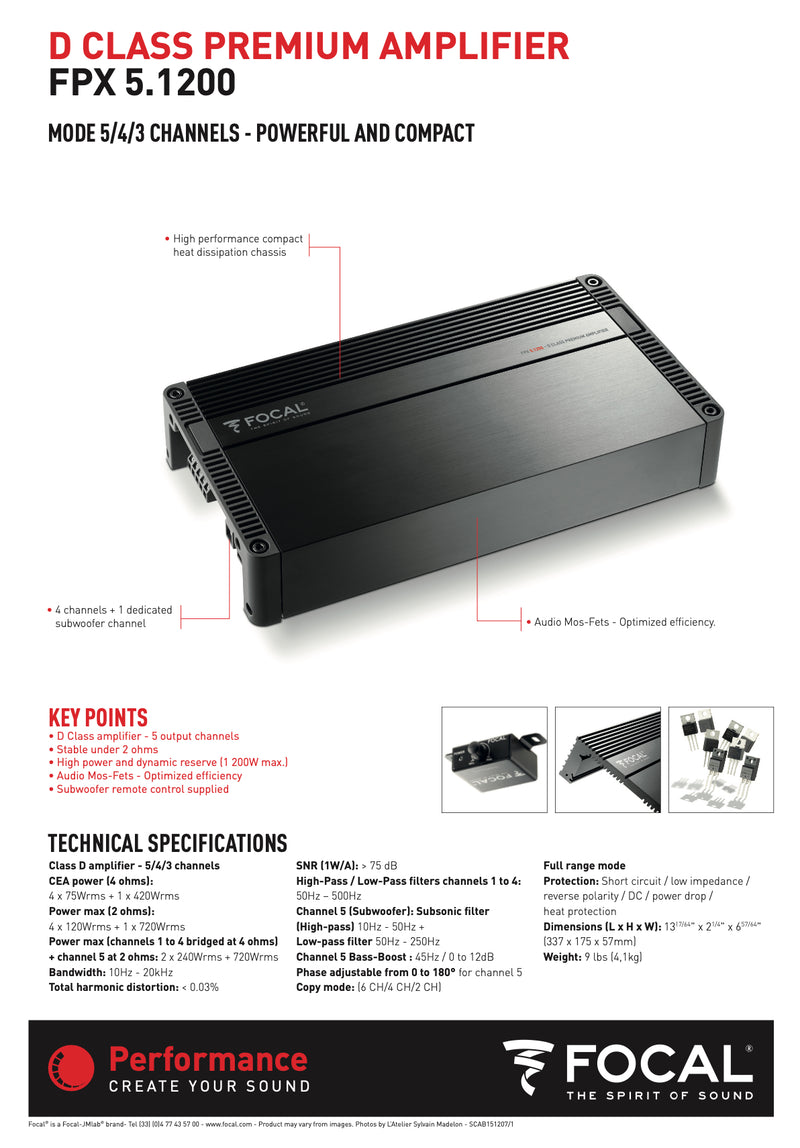 FPX 5.1200 Focal 5 Channel Performance Car Audio Amplifier 4x120W RMS + 1x720W RMS Class D Amp