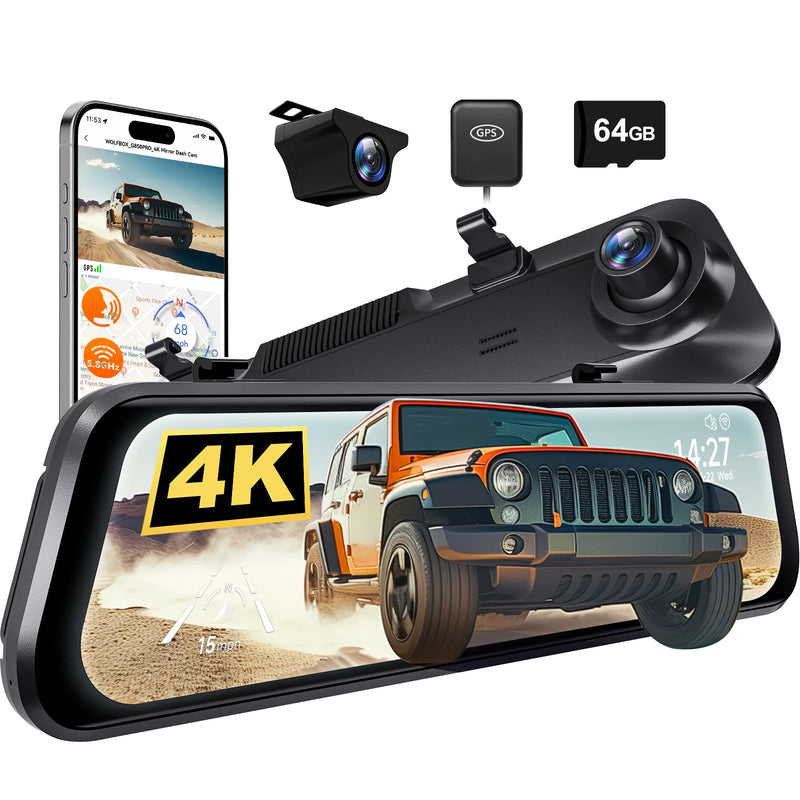G850Pro Wolfbox 4K 12" Rear View Mirror Dash Cam Touch Screen ADAS Smart Mirror 5.8GHz WiFi 64GB SD Card with Voice Control