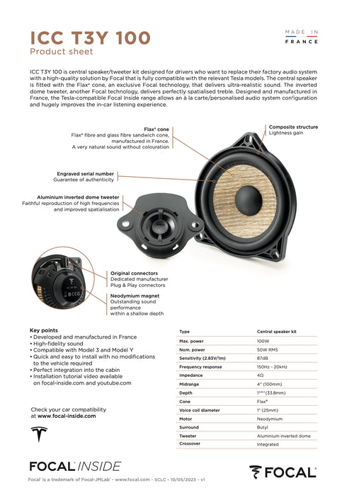 ICC T3Y 100 Focal Inside Flax Center Channel Speaker Upgrade Kit Plug & Play Compatible with Tesla Model 3 & Model Y, 50W RMS 4 Ohm (Single)