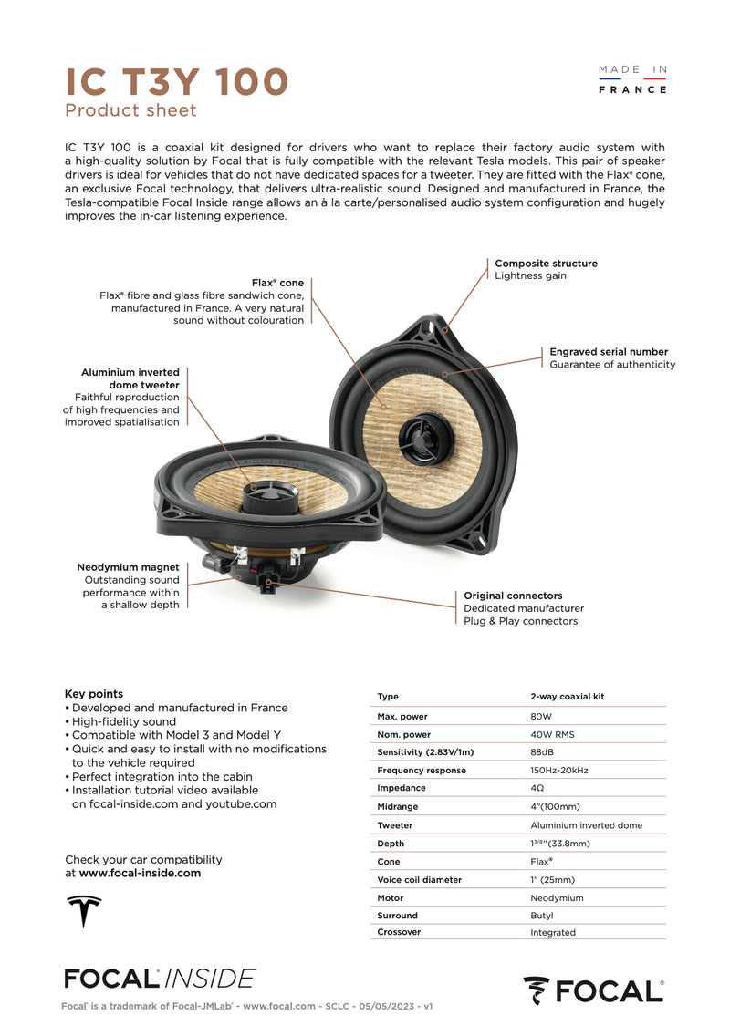 IC T3Y 100 Focal Inside Flax 2-Way Coaxial Speaker Upgrade Kit Plug & Play Compatible with Tesla Model 3 & Model Y, 40W RMS 4 Ohm (Pair)